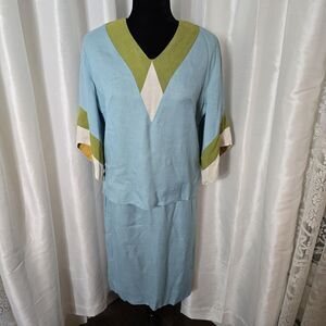 True Vintage 60s Skirt Suit Julie Miller Blouse Skirt Set 15/16 Womens Blue Gree